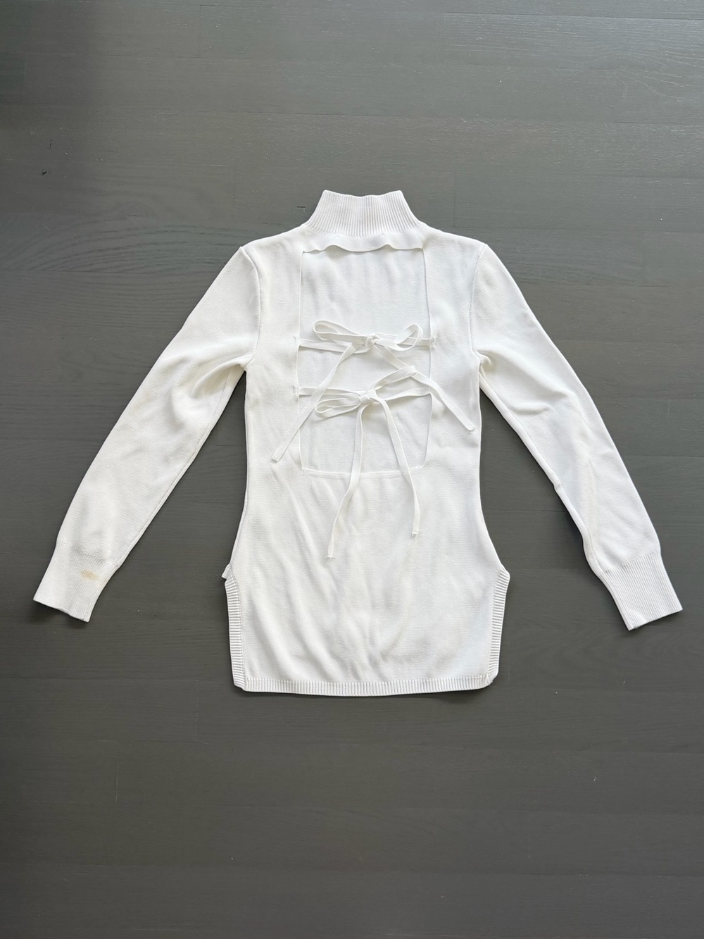 Zara White Open Tie-Back Ribbed Mock Neck Sweater